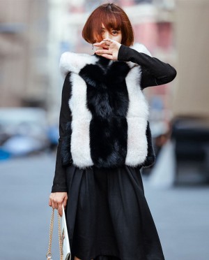 Womens Real Fox Fur Hooded Gilet Two tone