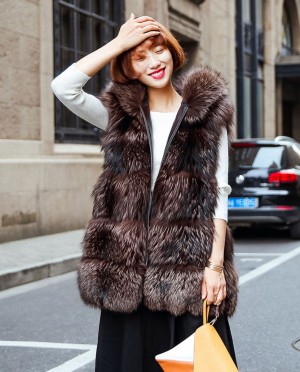 Real Silver Fox Fur Vest Hooded