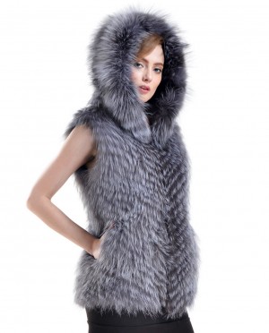 Silver Fox Fur Hooded Gilet