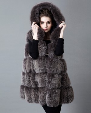 Fox Fur Hooded Gilet Silver Blue