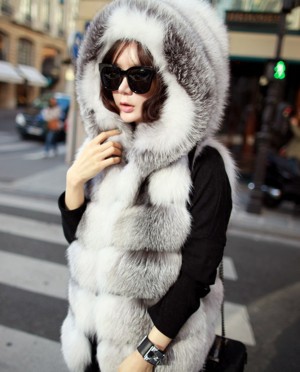 Shadow Blue Frost Fox Fur Hooded Gilet 