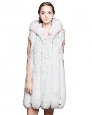 Womens Hooded Real Fox Fur Gilet Waistcoat