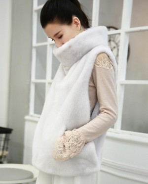 White Mink Fur Vest Gilet Funnel Collar