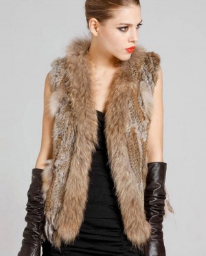 Knitted Rabbit Fur Gilet with Raccoon Fur Trim