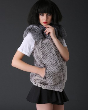 Genuine Rex Rabbit Fur Gilet with Silver Fox Fur Collar