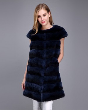 Real Rex Rabbit Longline Fur Gilet Chinchilla and Black Color