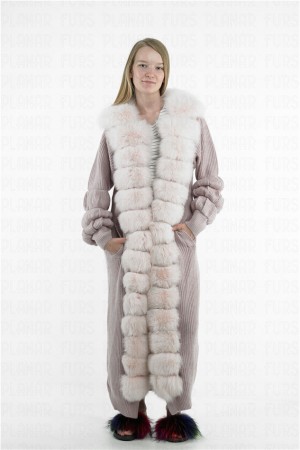 Pink Fox Fur Collar Cardigan Long Pink Knitted Cashmere Coat