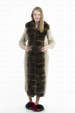 Brown Fox Fur Collar Cardigan Long Cashmere Coat
