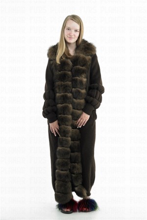 Dark Brown Fox Fur Collar Long Cardigan