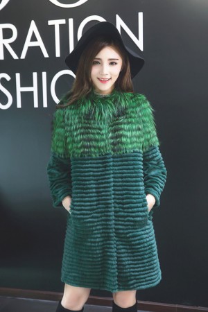 winter womens colored  fox trim rex rabbit fur coat