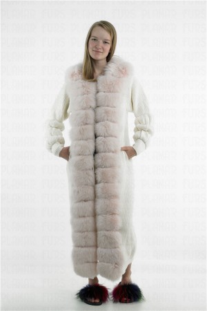 Wihte Fox Fur Collar Cardigan Long Cashmere Coat