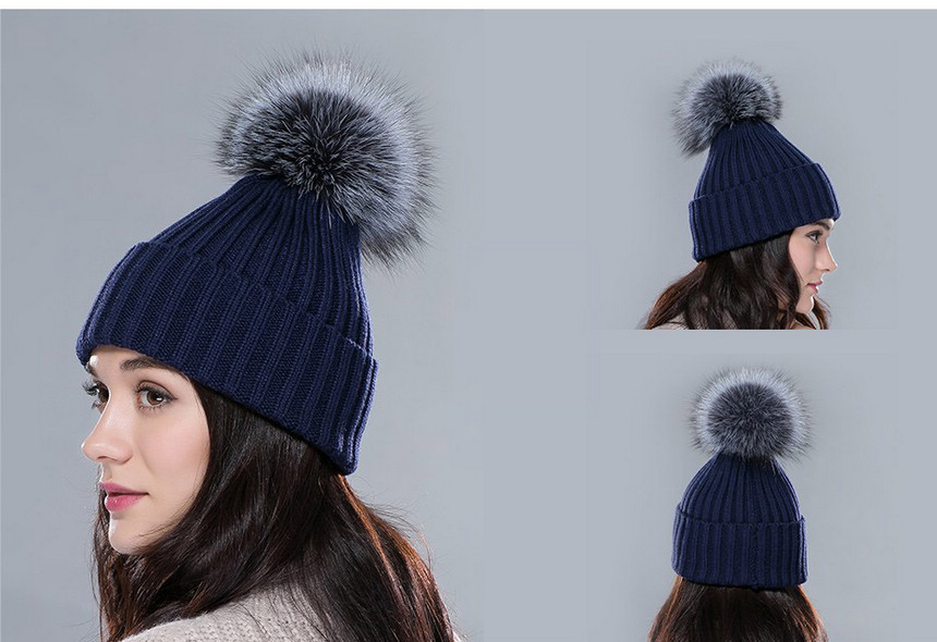 blue fur pom pom bobble hat