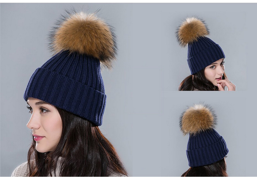 blue fur pom pom bobble hat