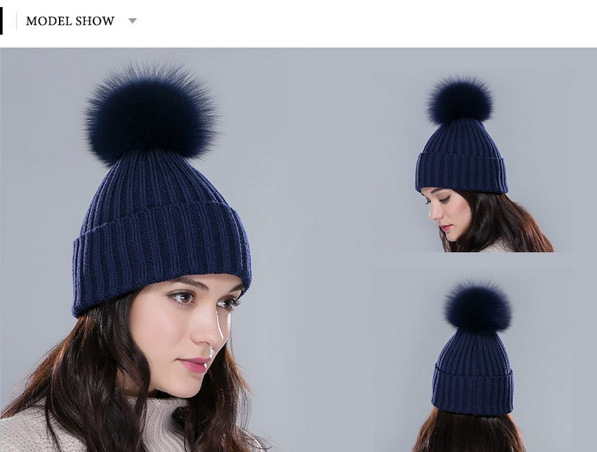blue fur pom pom bobble hat