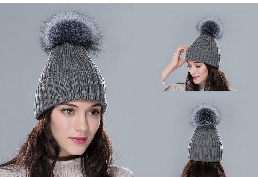 grey fur pom pom hat