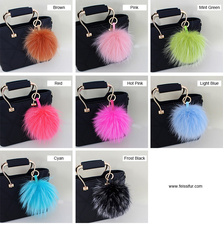 Raccoon Fur Pompoms Pendant Bag Charm 901 Details 2