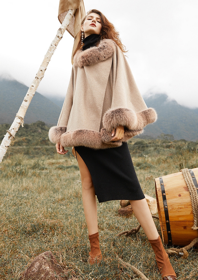 Fox Fur Trim Cashmere Cape 0106-9