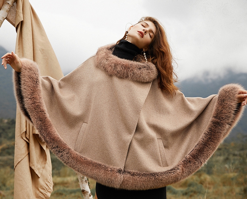 Fox Fur Trim Cashmere Cape 0106-1