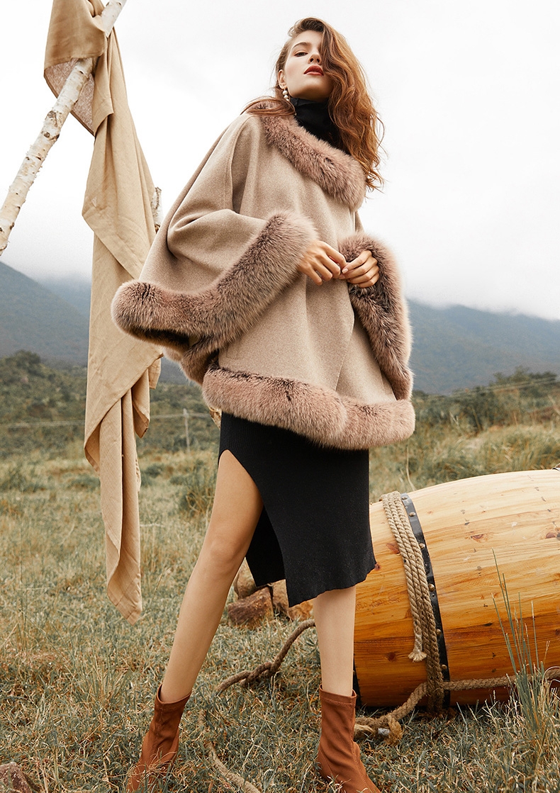 Fox Fur Trim Cashmere Cape 0106-8