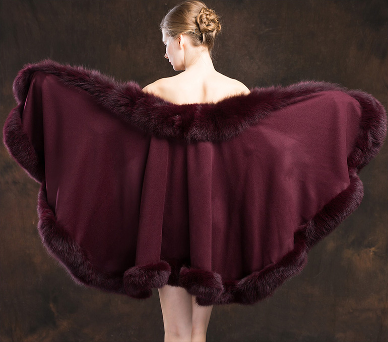 Fox Trimmed Cashmere Cape 138-Wine-details-1