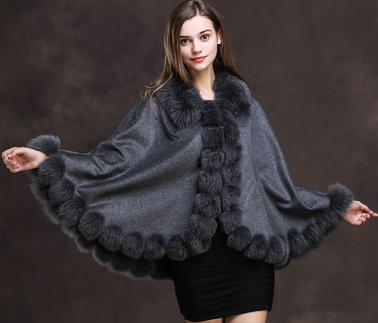 Fox Trimmed Cashmere Cape 139-Gray-Details-1
