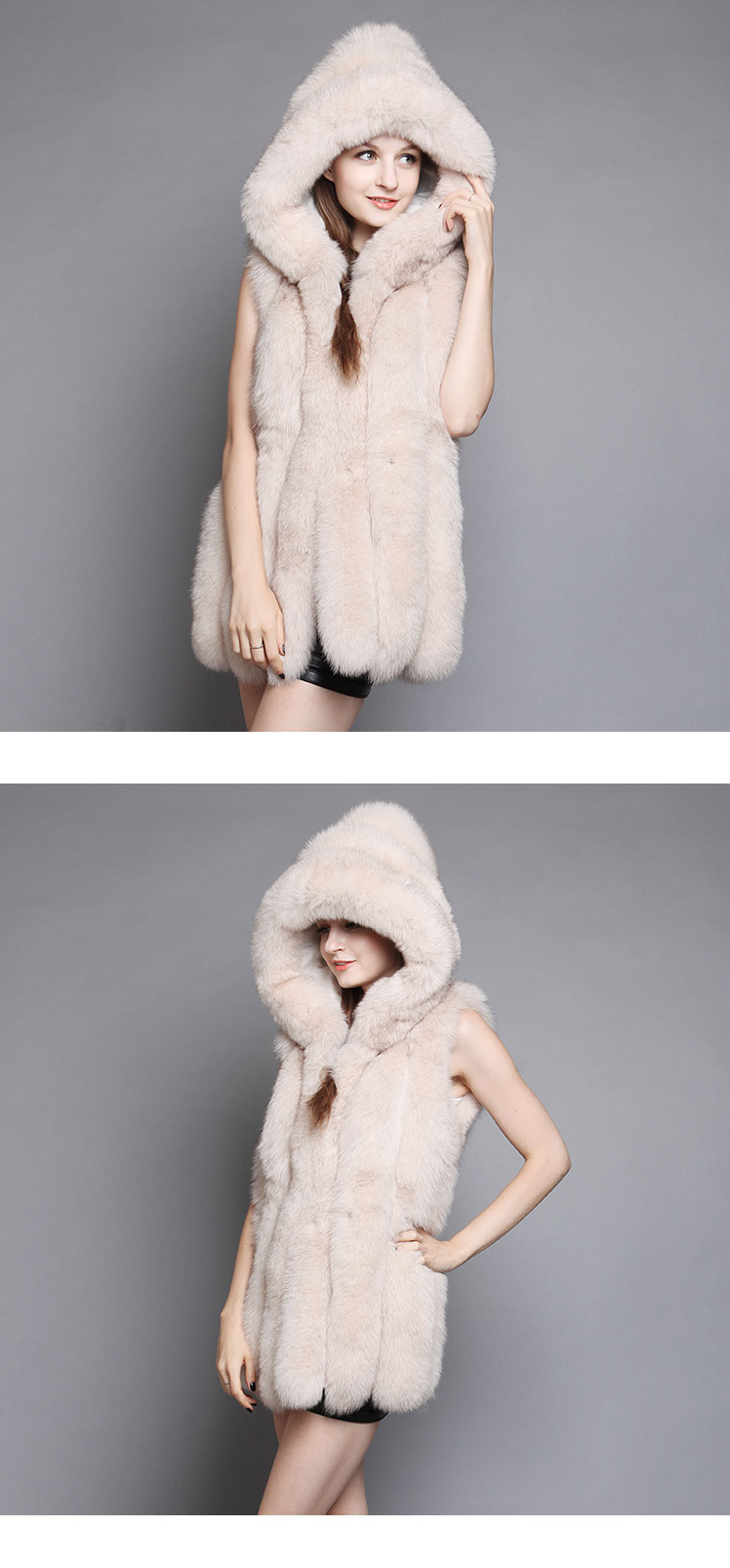 Women's Hooded Fox Fur Vest Waistcoat 08