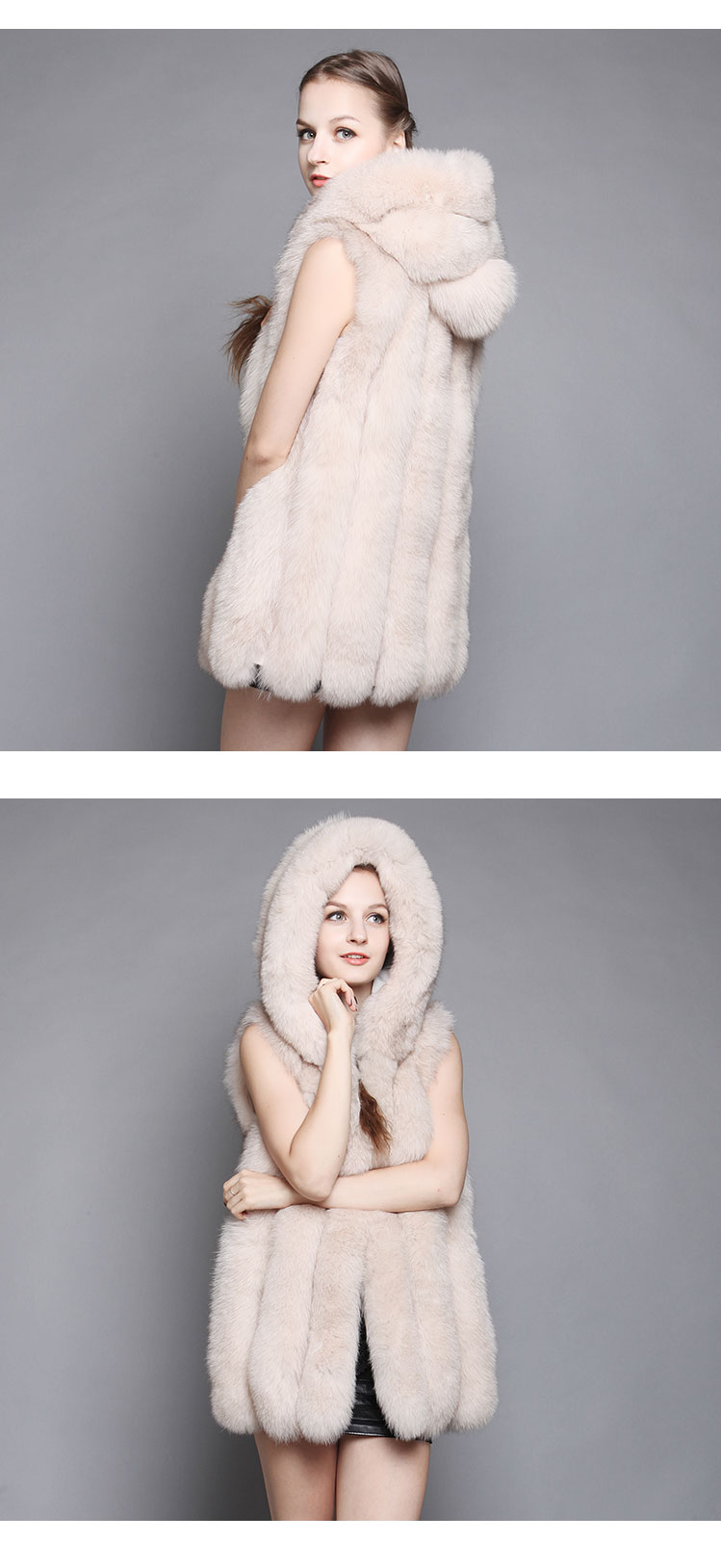 Women's Hooded Fox Fur Vest Waistcoat 07