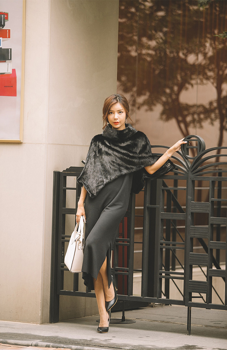 Mink Fur Pullover Poncho with Detachable Silver Fox Fur Cuff 755 Black Details 2