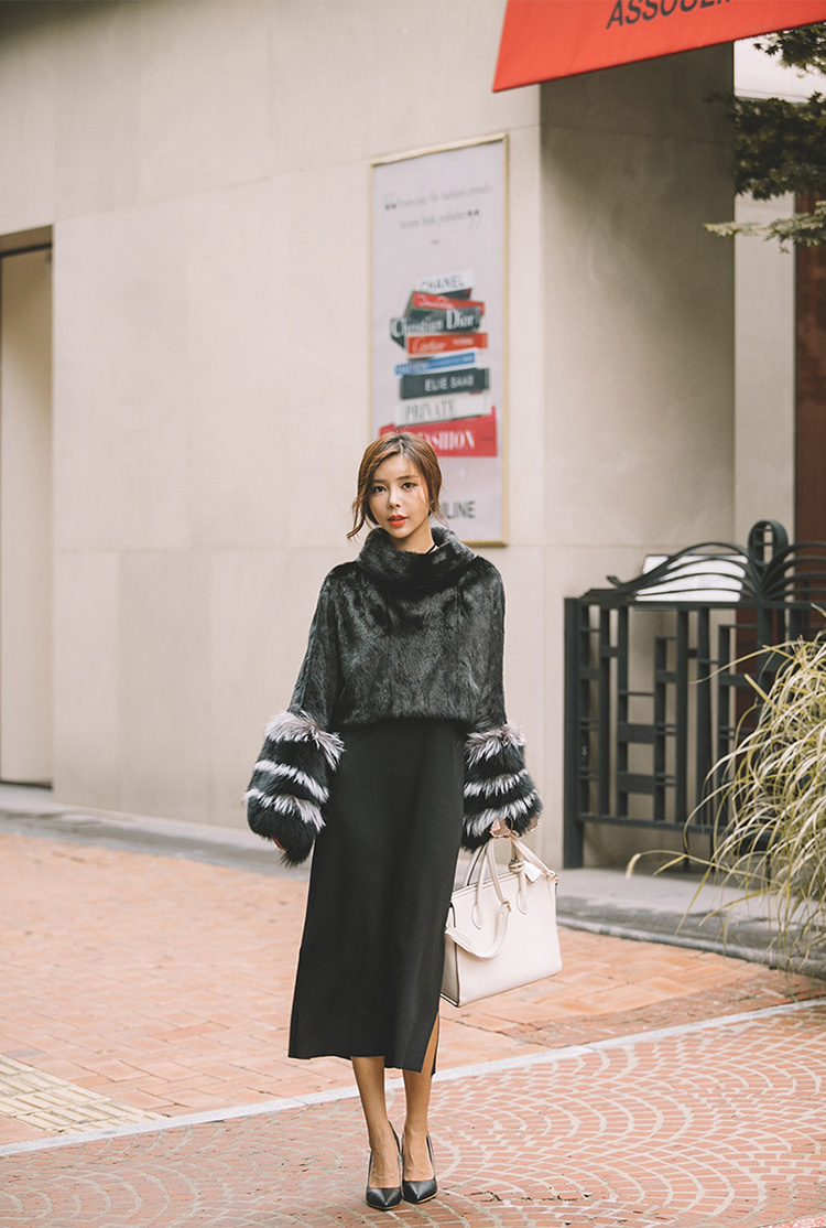 Mink Fur Pullover Poncho with Detachable Silver Fox Fur Cuff 755 Black Details 1