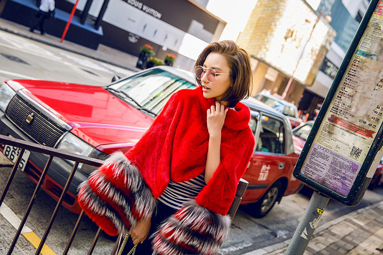 Mink Fur Pullover Poncho with Detachable Silver Fox Fur Cuff 755 Red Details 1