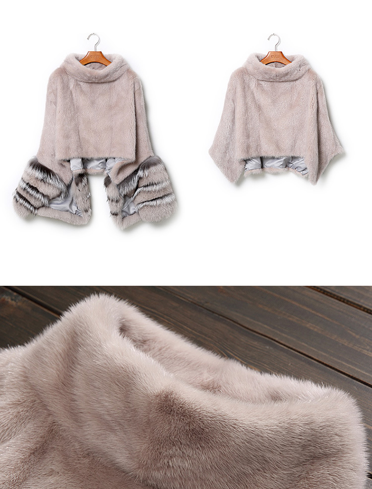 Mink Fur Pullover Poncho with Detachable Silver Fox Fur Cuff 755 Gray Details 5