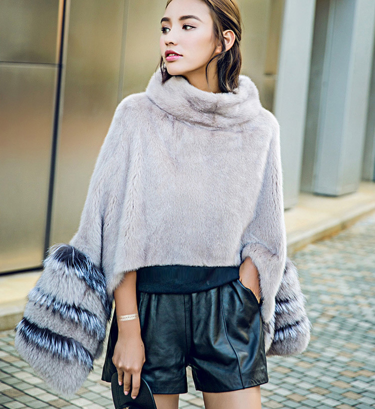 Mink Fur Pullover Poncho with Detachable Silver Fox Fur Cuff 755 Gray Details 1