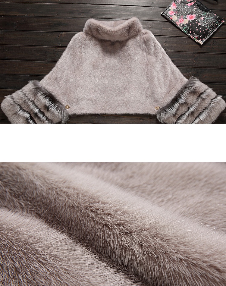 Mink Fur Pullover Poncho with Detachable Silver Fox Fur Cuff 755 Gray Details 6