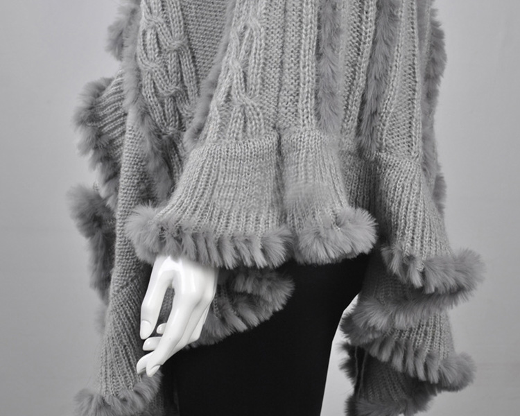 Rabbit Fur Knitted Cape With Raccoon Fur Trimming 716 Details 3