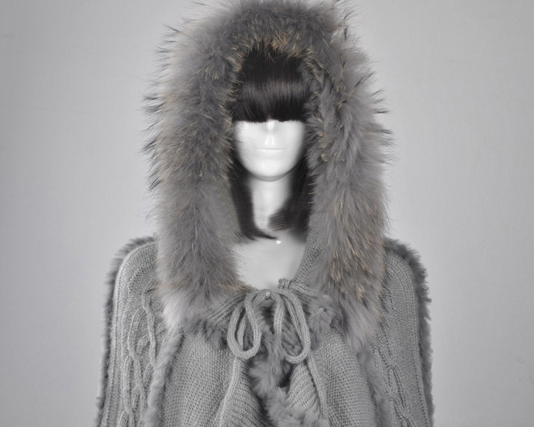 Rabbit Fur Knitted Cape With Raccoon Fur Trimming 716 Details 1
