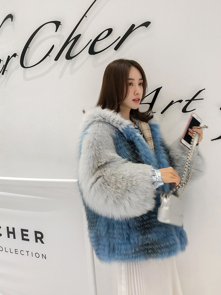 Shadow Blue Frost Fox Fur Hooded Coat in Two-Tone 0021-2