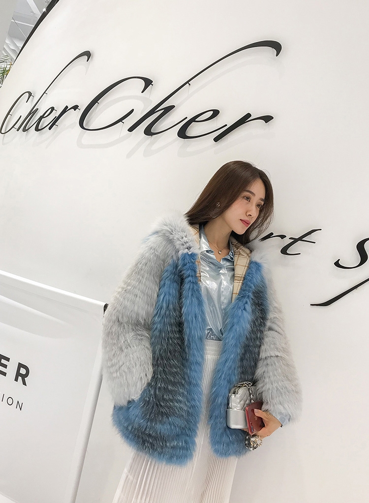 Shadow Blue Frost Fox Fur Hooded Coat in Two-Tone 0021-1