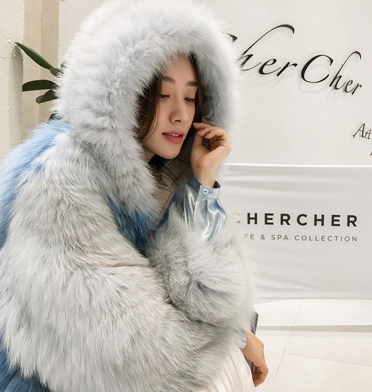 Shadow Blue Frost Fox Fur Hooded Coat in Two-Tone 0021-4