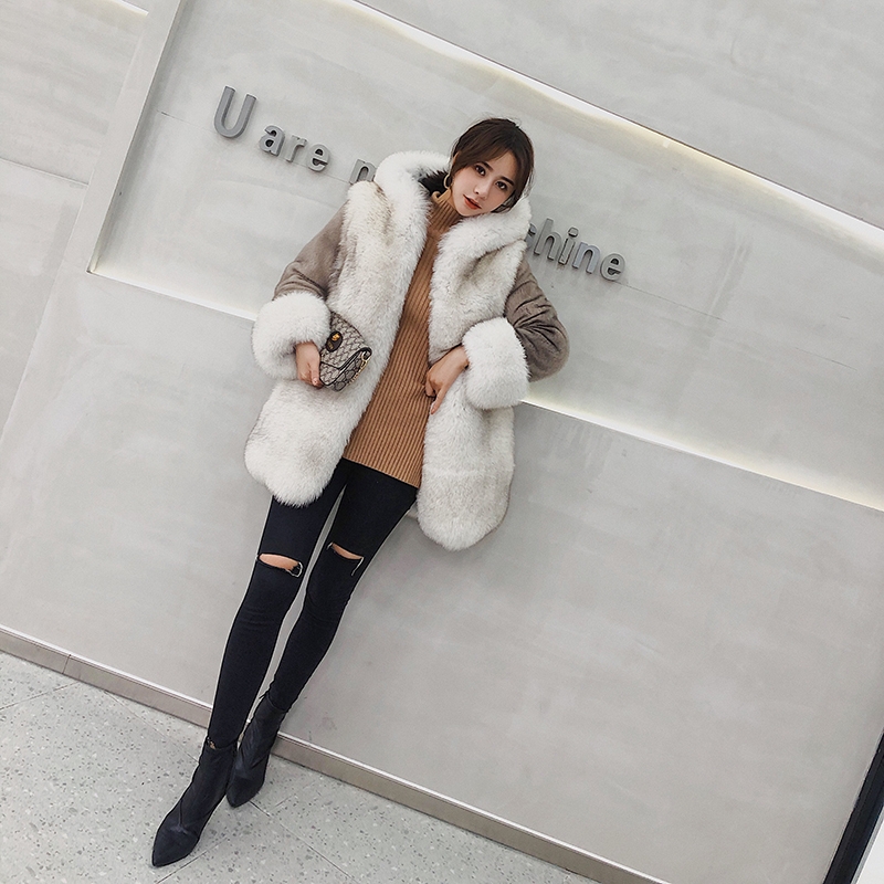 Hooded Fox Fur Coat with Mink Fur Sleeves 0067-4