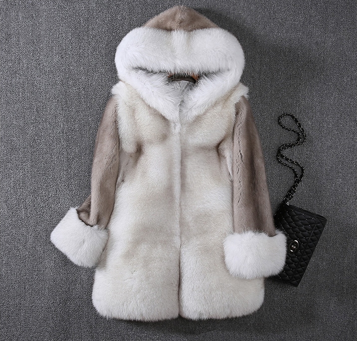 Hooded Fox Fur Coat with Mink Fur Sleeves 0067-1