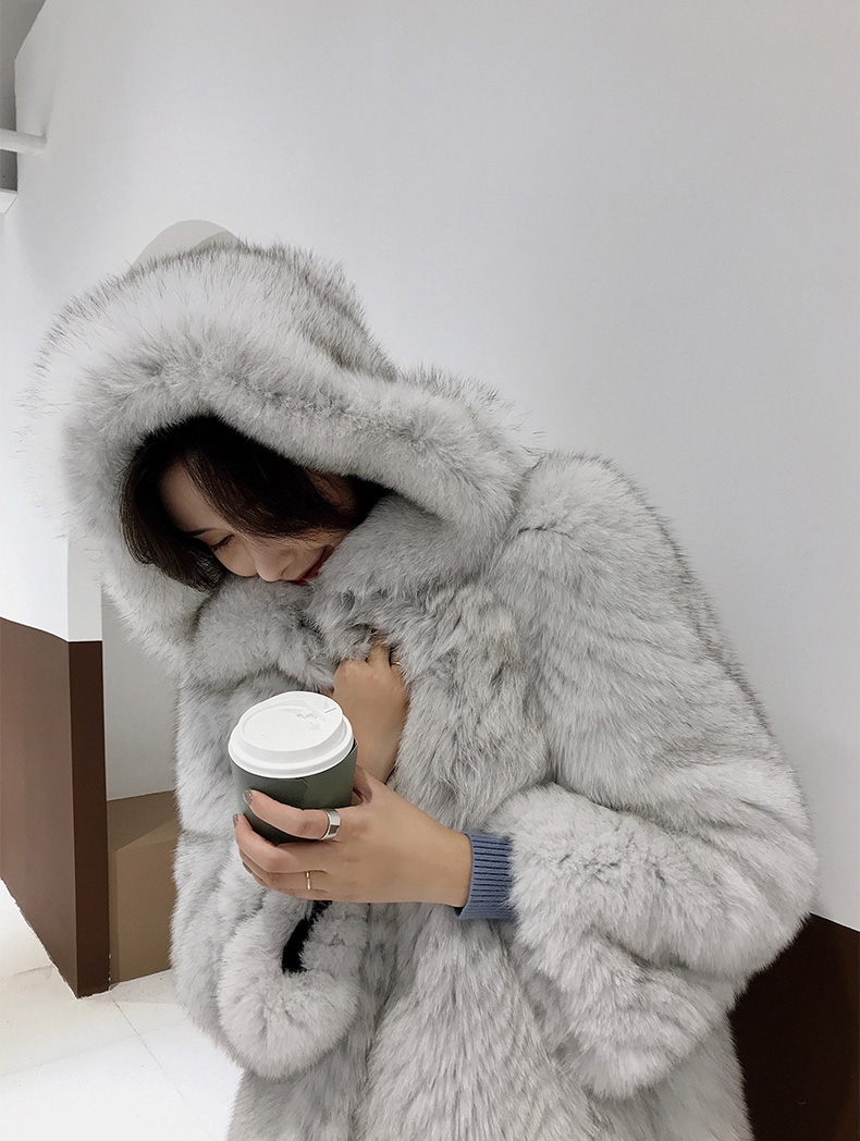 Hooded Fox Fur Long Coat 322-4