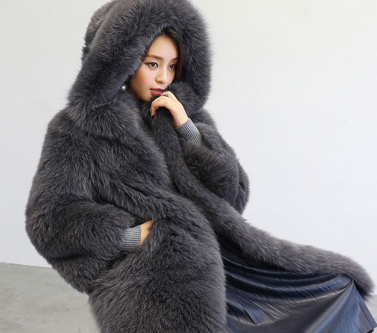 Hooded Fox Fur Long Coat 323-3