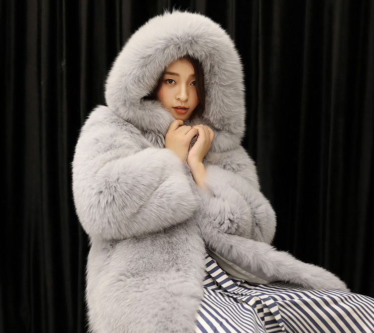 Hooded Fox Fur Long Coat 323-2