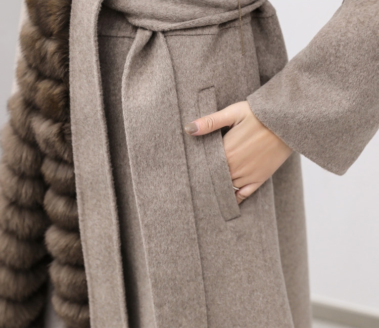 Fox Fur Trimmed Cashmere Long Belted Hooded Coat 335-2