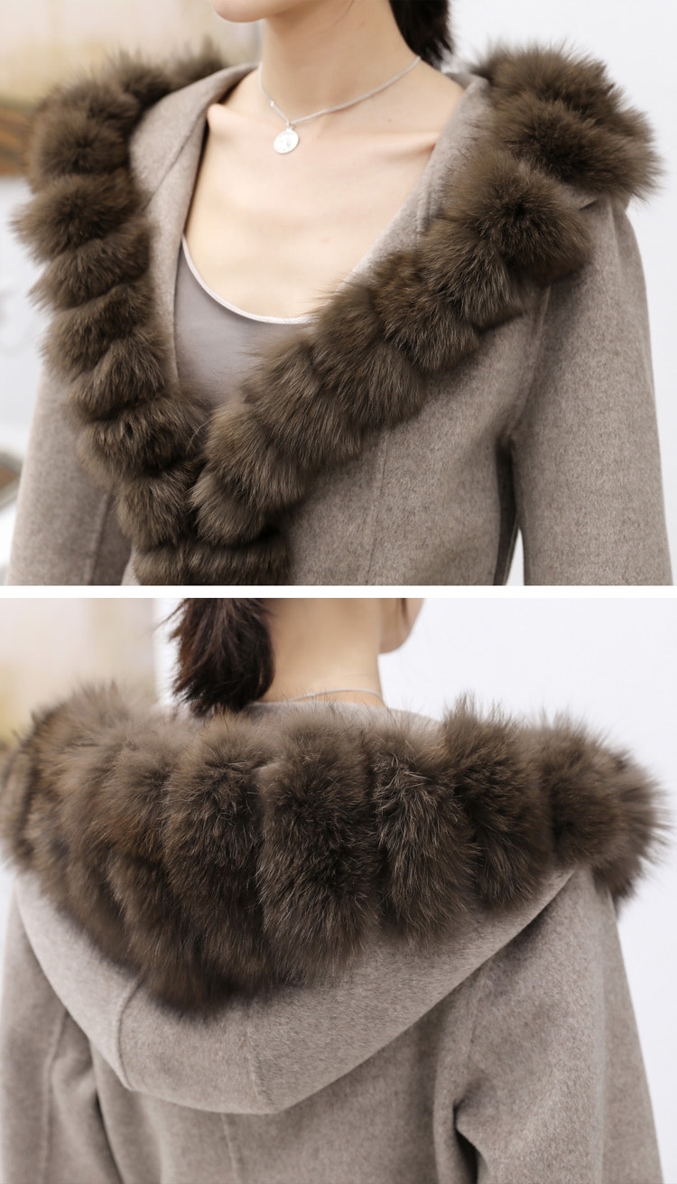 Fox Fur Trimmed Cashmere Long Belted Hooded Coat 335-1