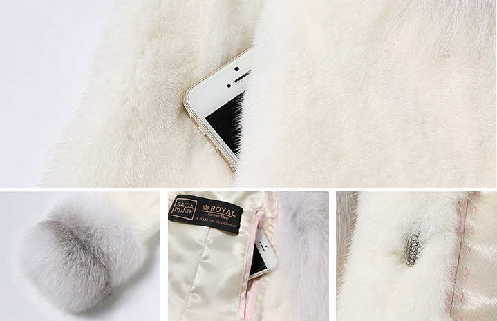 White Mink Fur Coat with Shadow Blue Frost Fox Fur Trim 0018-2