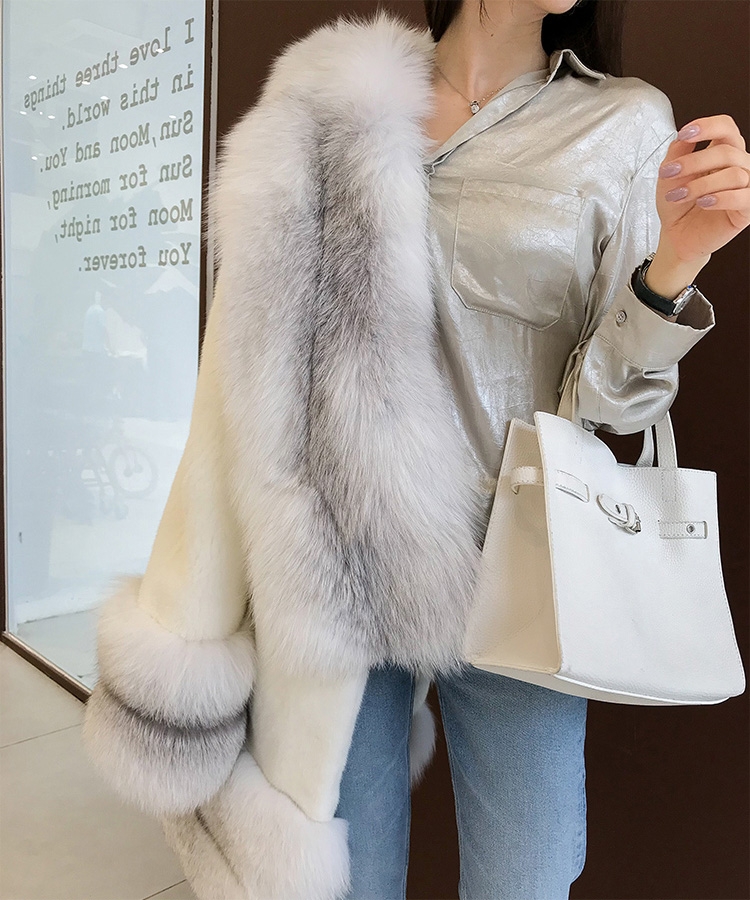 White Mink Fur Coat with Shadow Blue Frost Fox Fur Trim 0018-4