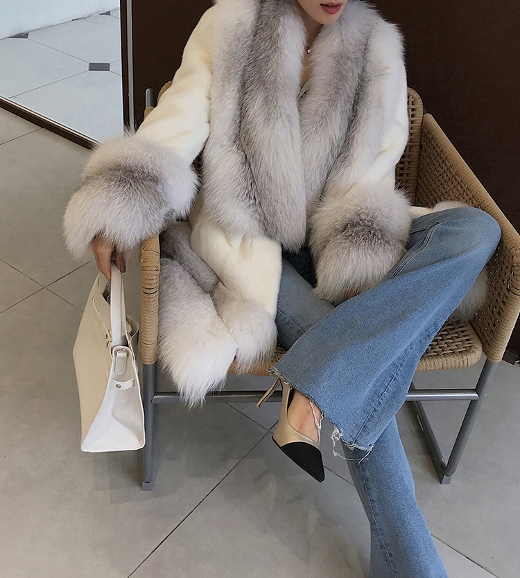 White Mink Fur Coat with Shadow Blue Frost Fox Fur Trim 0018-5