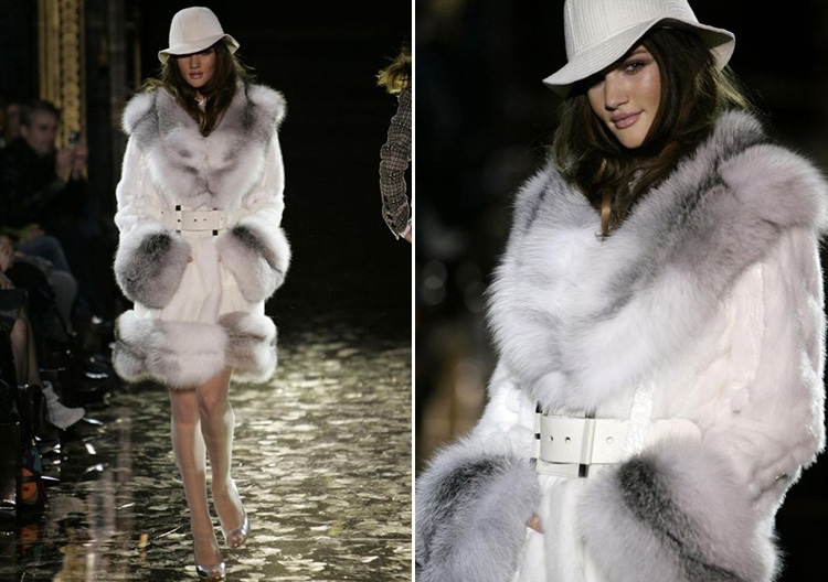 White Mink Fur Coat with Shadow Blue Frost Fox Fur Trim 0018-1