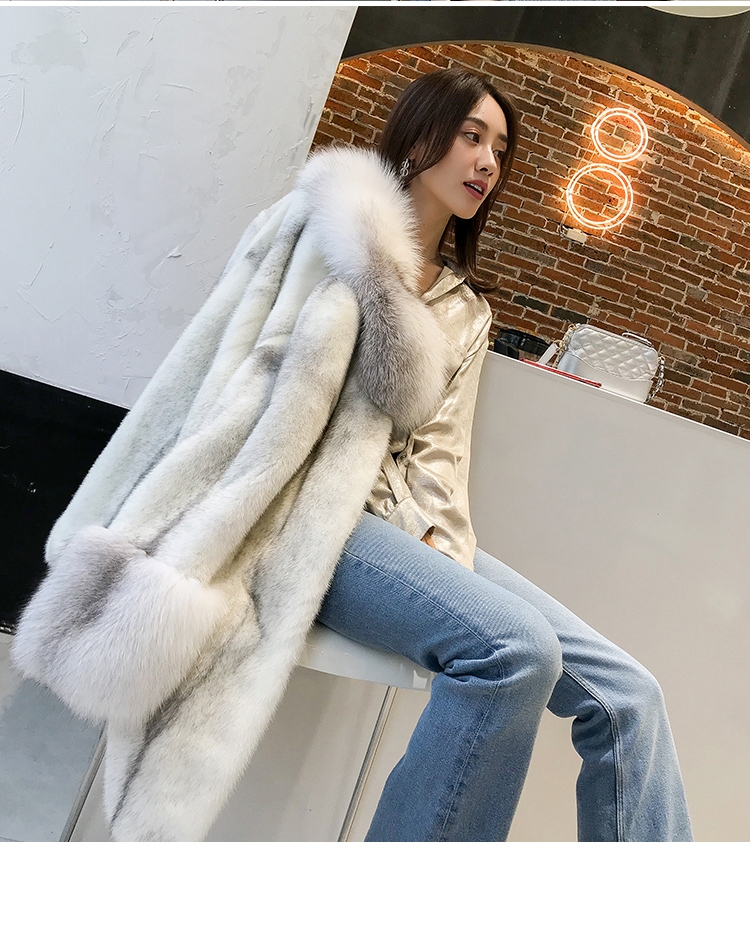 Silver Cross Mink Fur Coat with Shadow Blue Frost Fox Fur Trim 0038-9